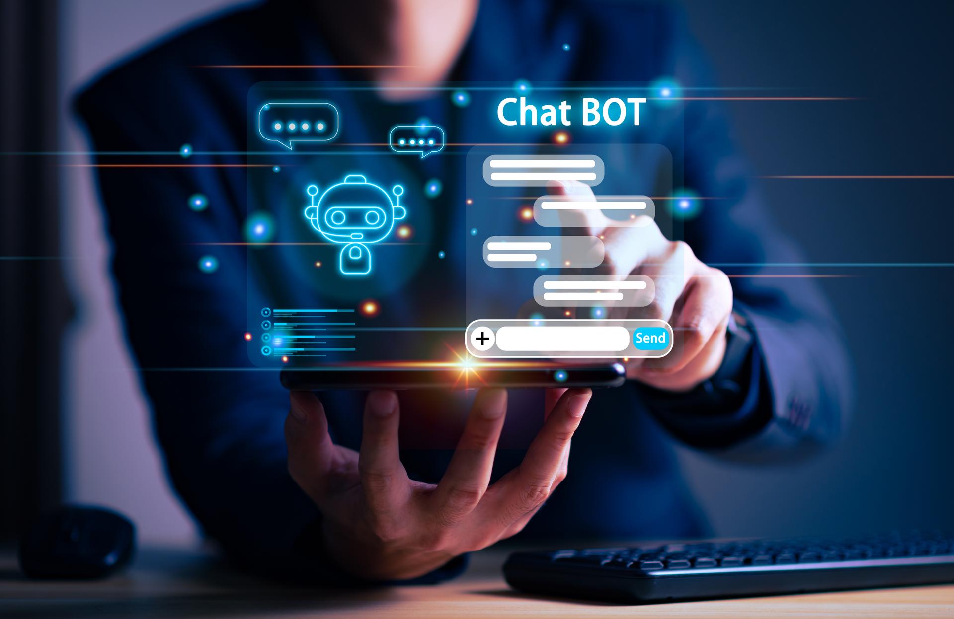 Businessman using smartphone for digital chatbot for comunication chat with bot, robot application, conversation assistant, AI Artificial Intelligence concept, digital chatbot on virtual screen.