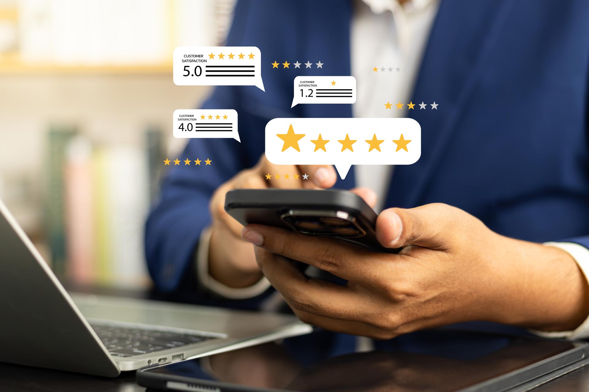 Online customer satisfaction Survey service concept, client rate service from experience in application,Consumer give five-Stars and feedback review for quality, Business reputation ranking from buyer